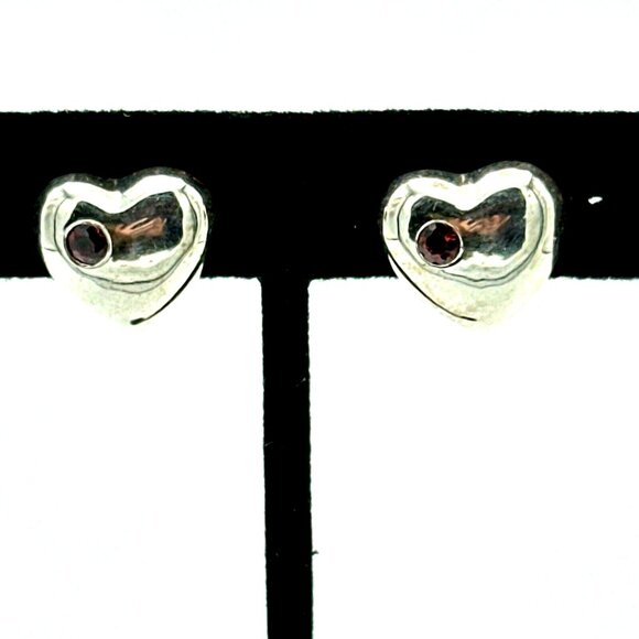 LUCORAL sterling silver & garnet puffy heart earrings - January birthstone studs - Picture 1 of 4